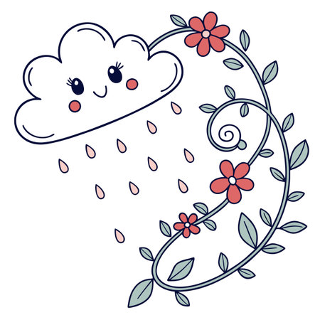 cute cloud with flowers and leafs kawaii character vector illustration designのイラスト素材