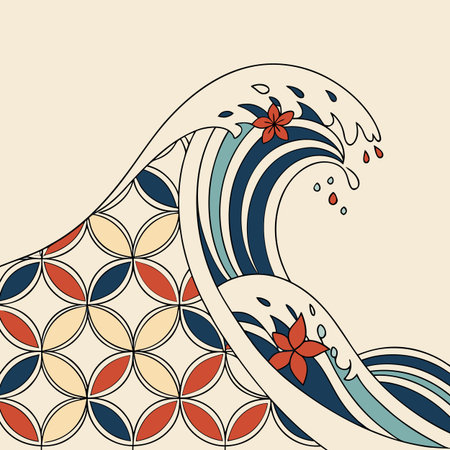 Vector abstract background with waves and flowers. Hand-drawn illustration.のイラスト素材