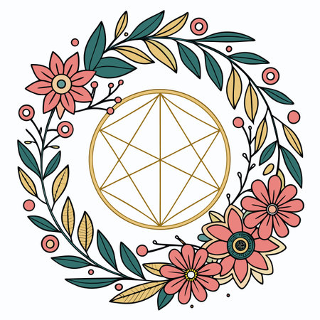 cute flower wreath with leafs and mandala vector illustration designのイラスト素材