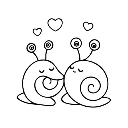 cute little snail couple in love vector illustration line style icon designのイラスト素材