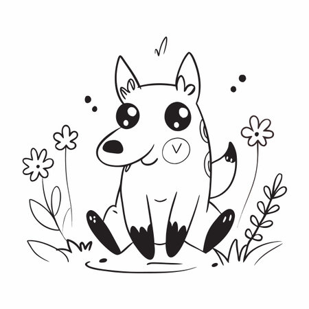 Cute doodle dog sitting on the grass. Vector illustration.のイラスト素材