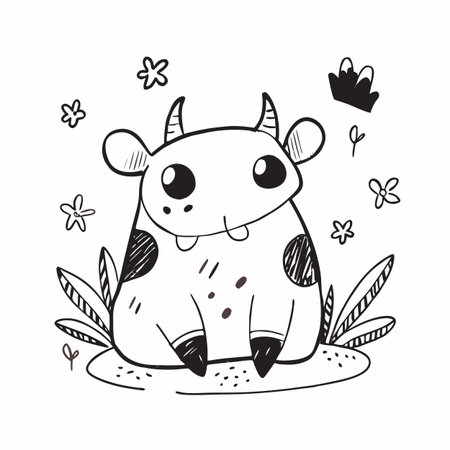 Cute cow in the meadow. Hand drawn vector illustration.のイラスト素材