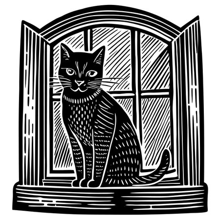 Cat sitting in the window, vintage line drawing or engraving illustration.のイラスト素材