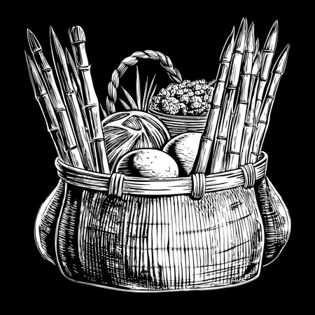 Sketch of a basket full of vegetables. Vector illustration.のイラスト素材