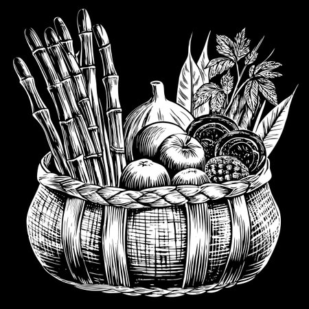 Vector illustration of a basket with vegetables and spices. Hand drawn sketch style.のイラスト素材
