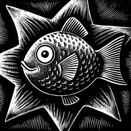 black and white vector illustration of a fish in the form of a starのイラスト素材