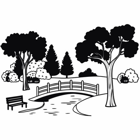 Wooden bridge in the park. Black and white vector illustration.のイラスト素材