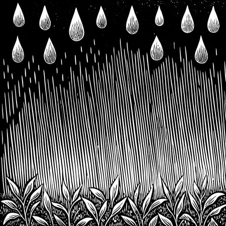 Black and white background with leaves and rain drops. Vector illustration.のイラスト素材