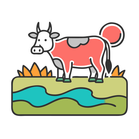 Cow grazing on meadow flat color vector icon. Farm animal isolated cartoon illustration for web graphic design and animationのイラスト素材