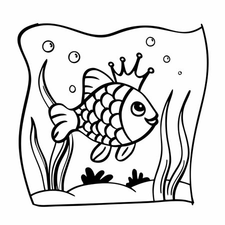 cute fish in aquarium cartoon vector illustration graphic design black and whiteのイラスト素材