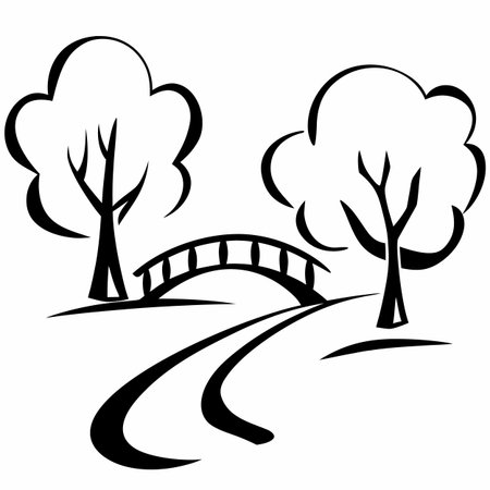 Wooden bridge and trees. Vector illustration ready for vinyl cutting.のイラスト素材