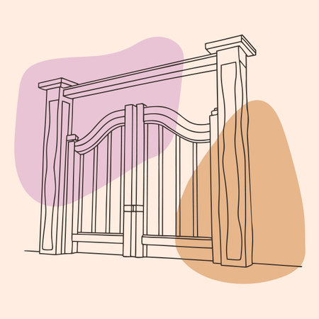 Vector illustration of a wooden gate on a background of abstract shapes.のイラスト素材