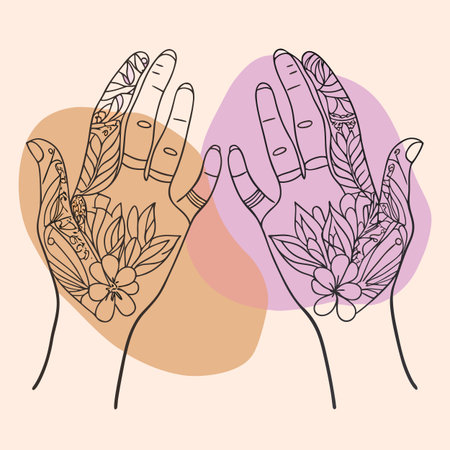 Hands with flowers. Hand drawn vector illustration. Design for spiritual relaxation for adults.のイラスト素材