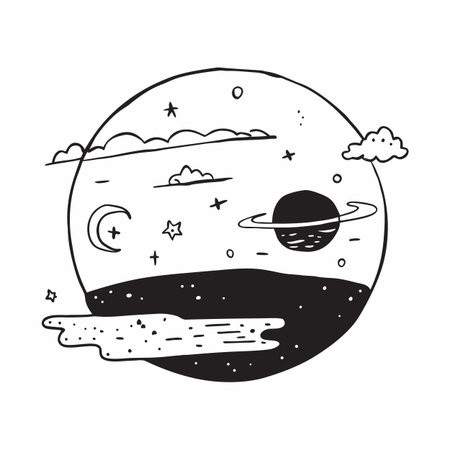 Hand drawn doodle illustration of a planet in the space.のイラスト素材