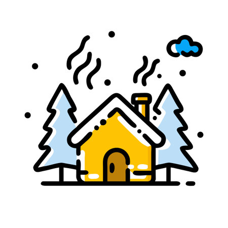 Vector illustration, flat design. Icon of house with chimney and fir trees.のイラスト素材