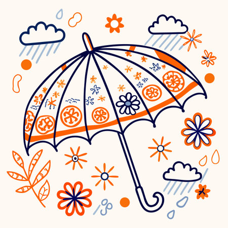 Umbrella with flowers and rain. Hand drawn vector illustration.のイラスト素材