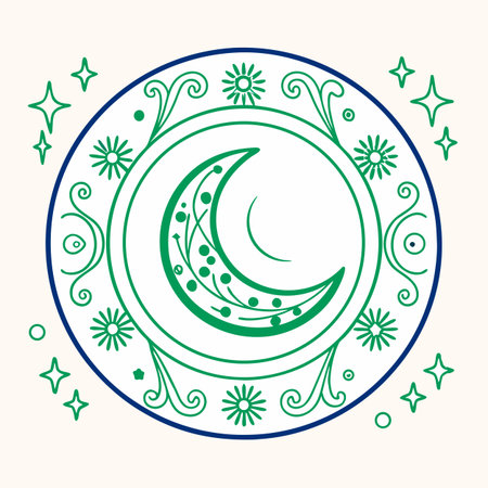 Crescent moon in a round frame with stars. Vector illustration.のイラスト素材