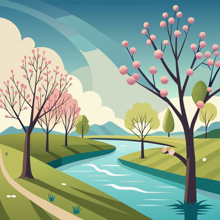 Spring landscape with river and trees. Vector illustration in flat style.のイラスト素材