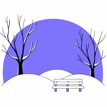 Vector illustration of a winter landscape with a bench, trees and snow.のイラスト素材