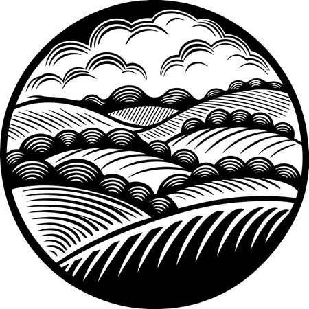 Vector Illustration of Black and White Farm Landscape with Rolling Hills and Cloudsのイラスト素材