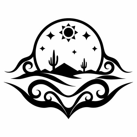 Desert with cactus and moon. Black and white vector illustration.のイラスト素材