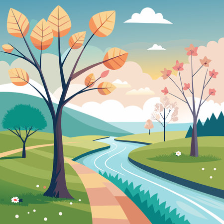 Autumn landscape with river and trees. Flat style vector illustration.のイラスト素材