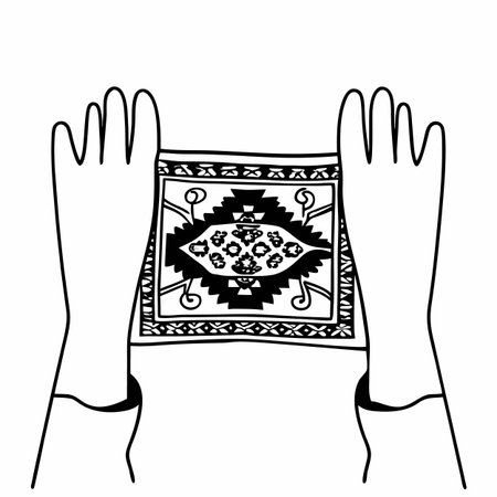 Prayer hands with carpet. Black and white vector illustration.のイラスト素材