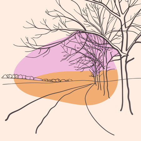 Winter landscape with trees and road. Vector illustration in pastel colors.のイラスト素材