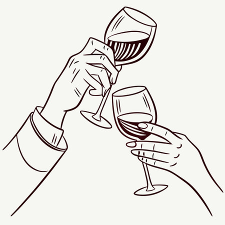 Hands holding glasses of wine. Vector illustration in sketch style.のイラスト素材