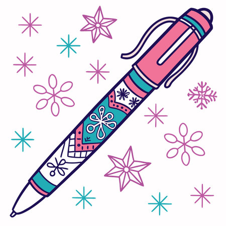 Colored vector illustration of a ballpoint pen and snowflakesのイラスト素材