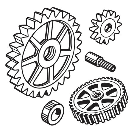 Hand drawn gear set. Cogwheel, gearbox, cogwheel, gear wheel. Vector illustration.のイラスト素材