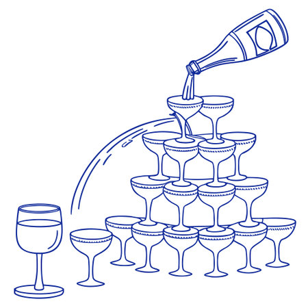 Champagne pouring from bottle into wine glasses. Outline vector illustration.のイラスト素材