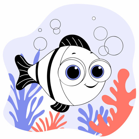 A cute cartoon clownfish with big eyes swims among colorful coral in a whimsical underwater illustration.のイラスト素材