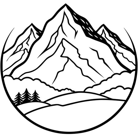 A minimalist black and white illustration featuring a mountain range within a circular frame, evoking a sense of outdoor adventure and natural beauty.のイラスト素材