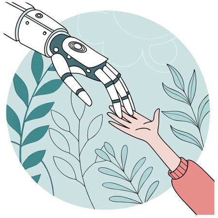 A digital illustration showing a robot hand reaching out to touch a human hand, set against a backdrop of stylized leaves and a soft blue circle.のイラスト素材