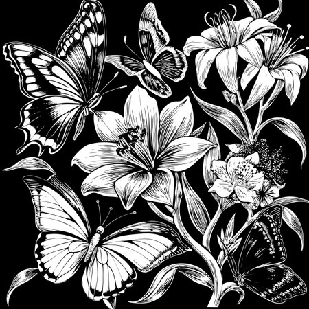 A detailed black and white illustration featuring lilies and butterflies, creating a serene and elegant composition. Perfect for nature-themed designs.のイラスト素材