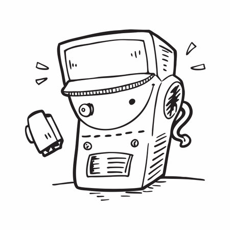 A black and white cartoon illustration of a retro television with a remote control, drawn in a simple, playful style.のイラスト素材