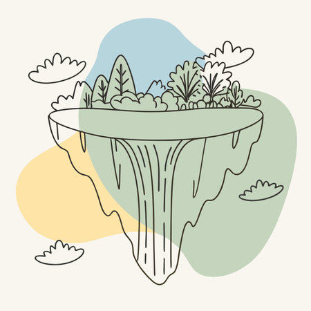 A whimsical illustration of a floating island with trees, set against pastel-colored blobs and simple cloud outlines.のイラスト素材