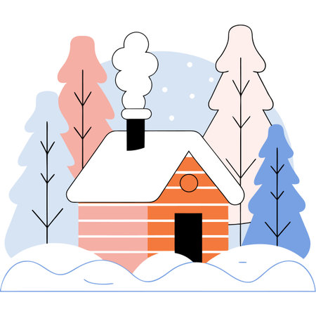 A charming illustration of a winter cabin nestled among snow-covered trees, with smoke rising from the chimney, creating a cozy and serene atmosphere.のイラスト素材