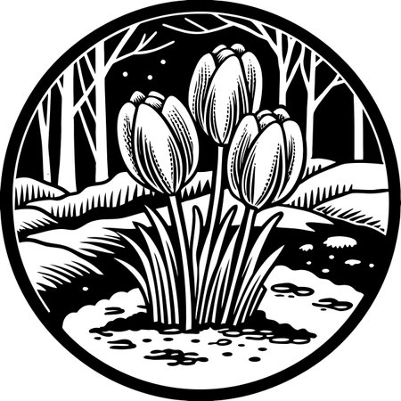 A striking black and white illustration featuring three tulips in the foreground, set against a backdrop of a winter landscape with bare trees and snow-covered ground.のイラスト素材