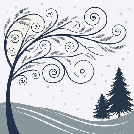 A stylized winter scene featuring a bare tree with swirling branches, evergreen trees, and a snowy landscape, creating a whimsical and serene illustration.のイラスト素材