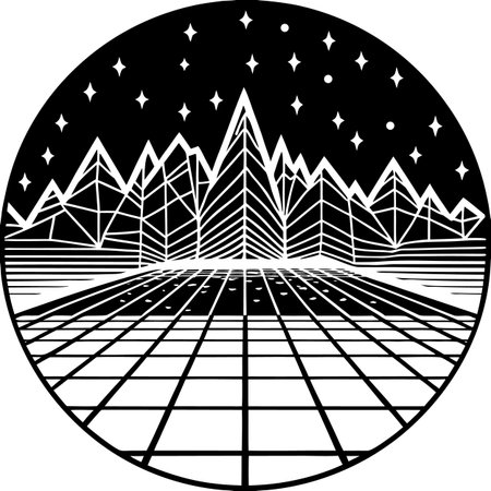 A black and white retro wave landscape featuring mountains, stars, and a grid pattern, all contained within a circle.のイラスト素材