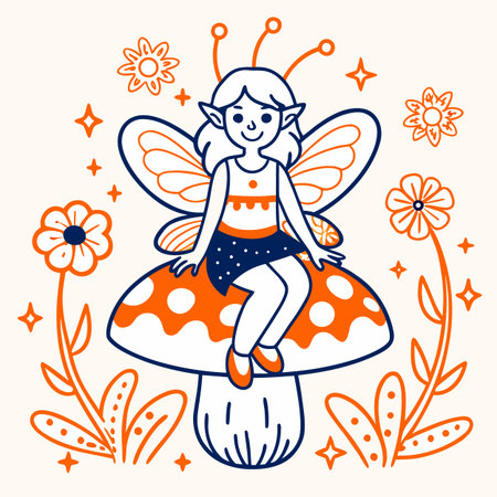 A charming illustration of a fairy with butterfly wings sitting on a mushroom, surrounded by flowers and stars, in a cute, whimsical style.のイラスト素材