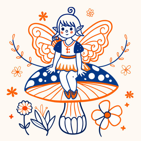 A charming illustration of a fairy with butterfly wings sitting atop a mushroom, surrounded by delicate floral designs in a playful color palette.のイラスト素材