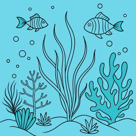 A simple illustration of an underwater scene featuring two fish, various types of seaweed, bubbles, and a sandy seabed, all in a cartoon style.のイラスト素材