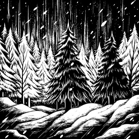 Winter forest. Hand drawn vector illustration in black and white colors.のイラスト素材