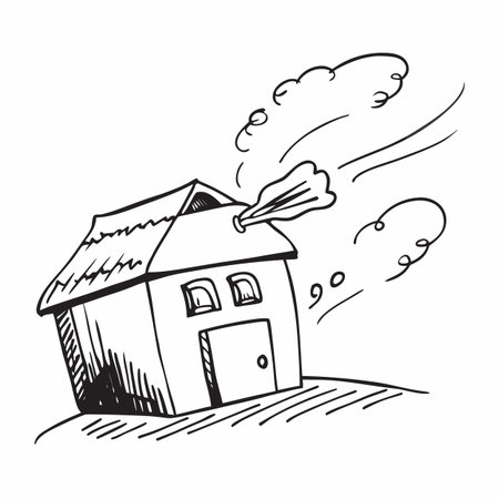 Hand drawn illustration of a house with smoke coming out of it.のイラスト素材