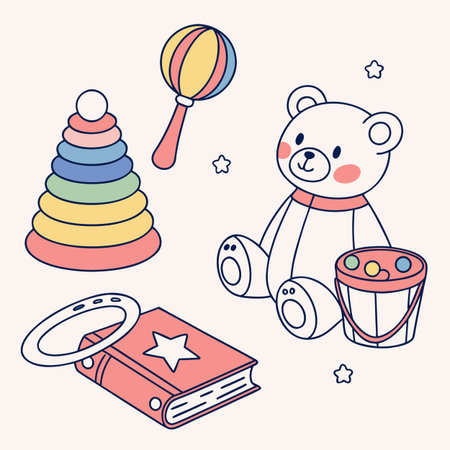 Cute hand drawn vector illustration of toys. Teddy bear, pyramid, ball, book.のイラスト素材