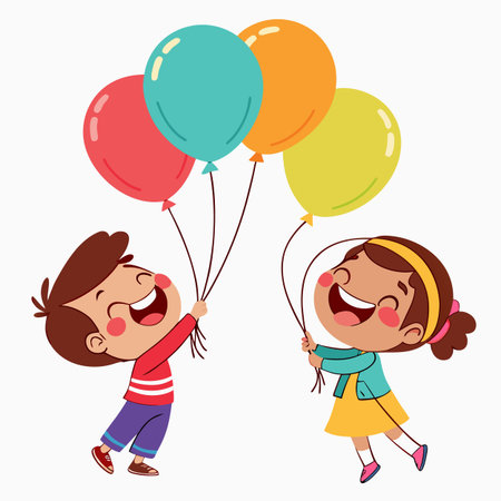 Cute kids with balloons. Vector illustration of happy children with balloons.のイラスト素材