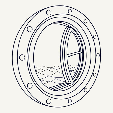 A simple and clean continuous line art illustration of a circular porthole window, typical of a spacecraft or rocket.のイラスト素材